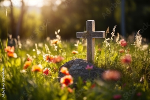 Funeral and mourning concept. Cross grave surrounded by flowers.  photo