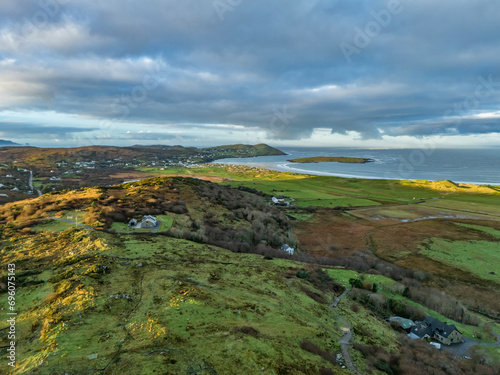 Aerial view of Castlegoland hill by Portnoo - County Donegal, Ireland.