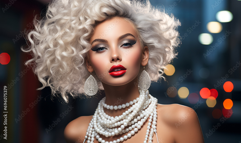 Glamorous Model with Voluminous Curly White Hair and Striking Pearl Necklace Radiates Elegance and Luxury Glamorous Model with Voluminous Curly White Hair and Striking Pearl Necklace Radiates Elegance and Luxury