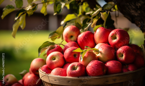 Freshly Harvested Red Apples in a Rustic Basket Under an Apple Tree photo