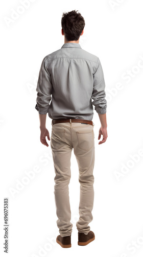 portrait of a young man walking, back view, transparent, isolated on white photo