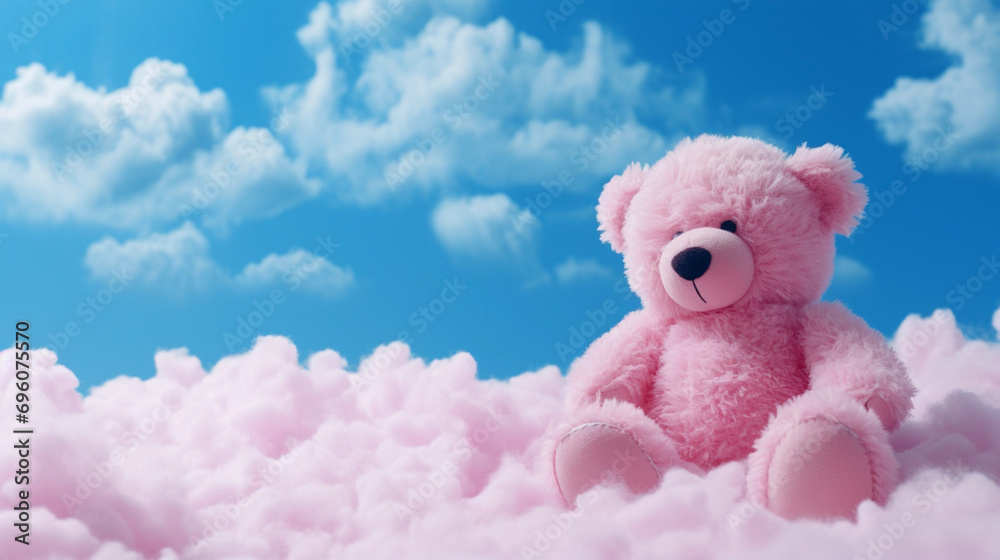 Pink teddy bear sitting on clouds with blue sky in the background