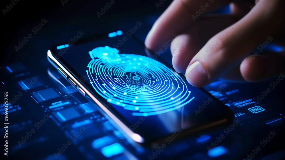digital identity and cybersecurity of personal data safety on digital storage or wallet concept, wide banner of mobile smartphone using biometric finger print and Two-factor authentication app login  - obrazy, fototapety, plakaty 