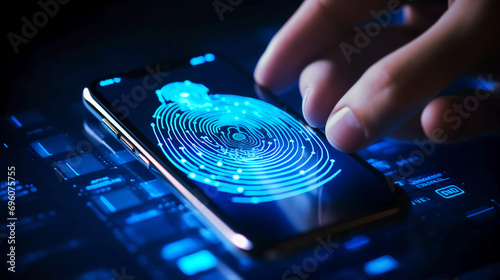 digital identity and cybersecurity of personal data safety on digital storage or wallet concept, wide banner of mobile smartphone using biometric finger print and Two-factor authentication app login  photo