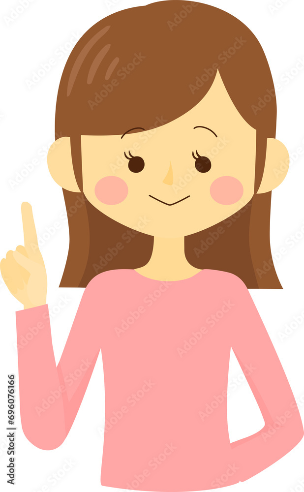人差し指を立てた上半身の笑顔の女性のイラスト