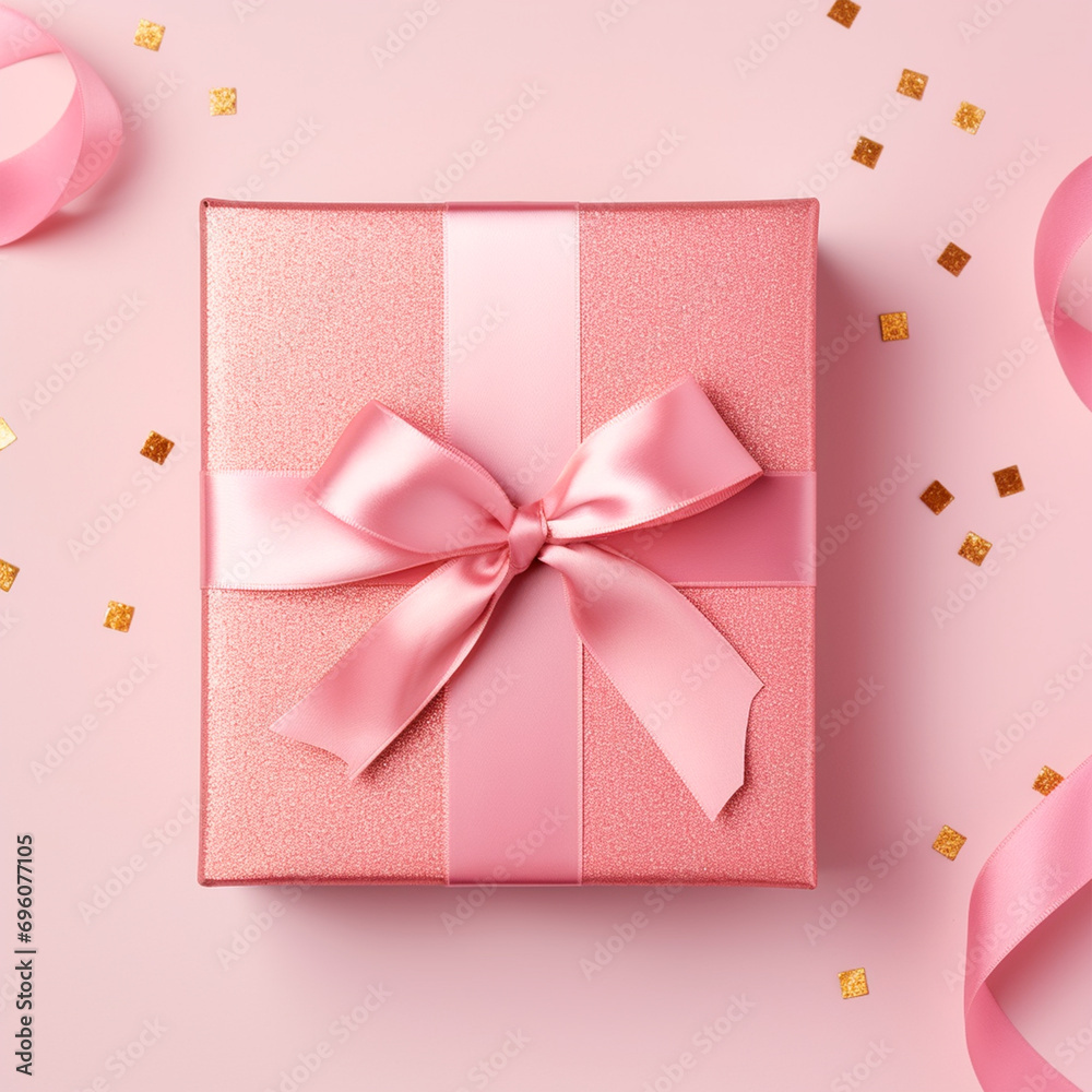 Pink gift box with satin ribbon and bow, on pink background. 3D design. Christmas gift. Flat, top view.