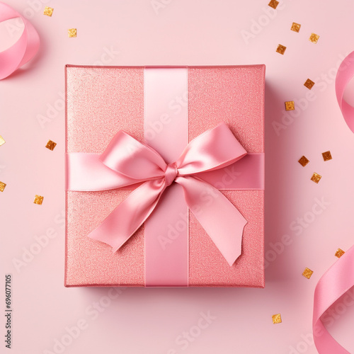 Obraz na płótnie Pink gift box with satin ribbon and bow, on pink background. 3D design. Christmas gift. Flat, top view. w salonie