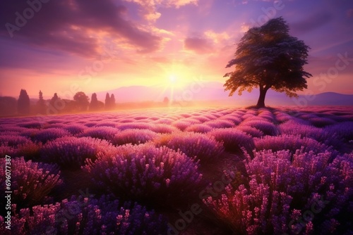 A field of lavender bathed in the soft glow of morning light  creating a dreamlike and fragrant scene.