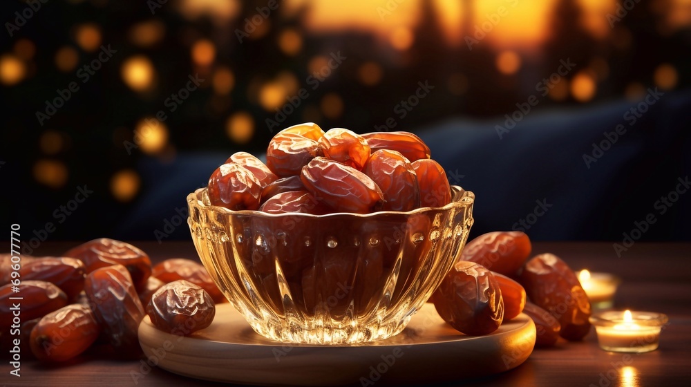 Bowl of dates and traditional iftar dinner treat during ramadan holiday on empty space of wooden table with place for presentation