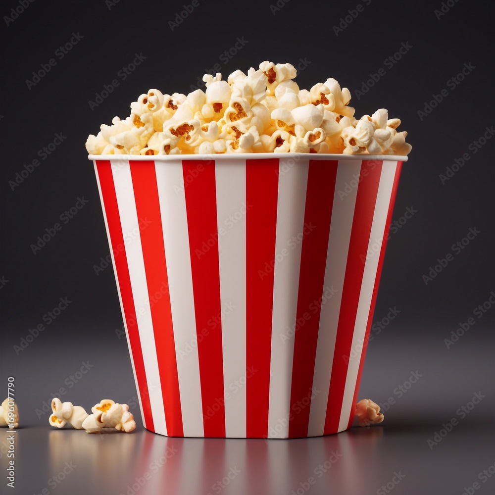 3d rendering close up red white paper bucket full of popcorn organic crispy tasty corn - isolated on dark background. Healthy lifestyle concept