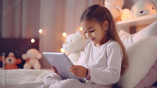 Close up portrait of little cute child baby plays with digital devices and plush toy on background child room. Represent Gen Alpha using digital devices in their daily lives