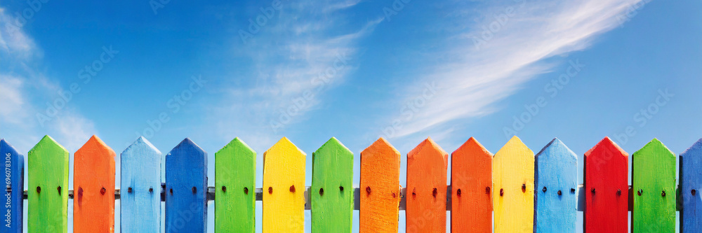 Colorful wooden fence on green grass and blue sky background, closeup Colorful wooden fence on green grass and blue sky background, closeup