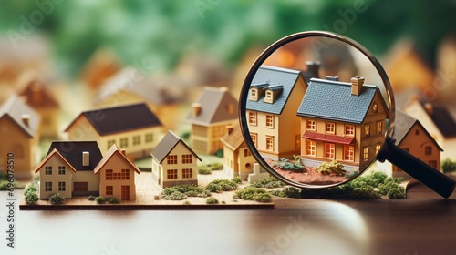 Magnifying glass over models residential house. Searching new house for purchase. Rental housing market