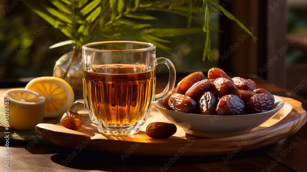 Traditional arabic tea in glass with dried fruits, dry dates on wooden table with place for presentation. Space for text Traditional arabic tea in glass with dried fruits, dry dates on wooden table with place for presentation. Space for text