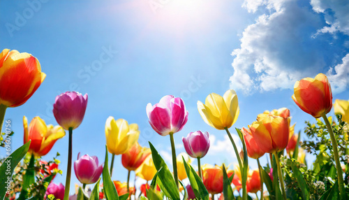 Colorful tulip flowers against blue sky with sun. Spring background