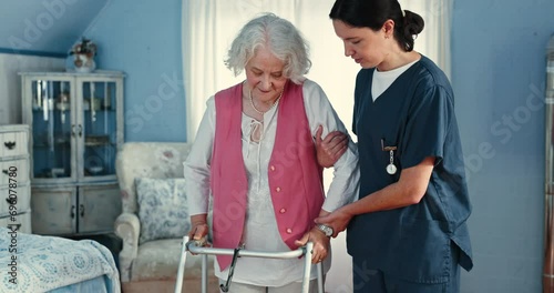 Nurse, walker and senior woman in home for medical support, rehabilitation recovery or healthcare in retirement. Caregiver helping elderly patient with disability, walking frame or healing in bedroom photo