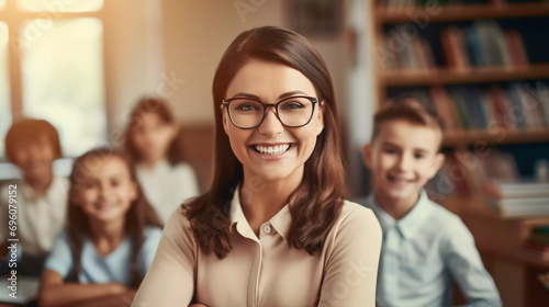 Education, scholarship and happy, proud and young female educator with children ready for studying or knowledge in middle school. Portrait of smiling teacher photo