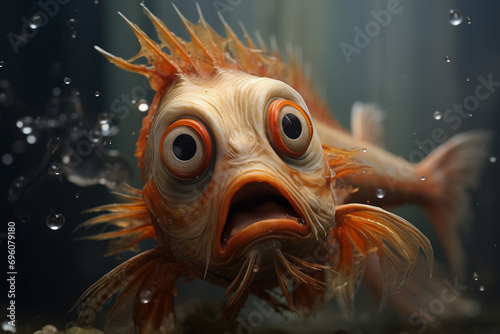 A portrait of a fish with big eyes and an open mouth symbolizes water pollution.