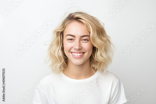 Bright Smile of a Young Blonde Woman on White. Generative AI.
