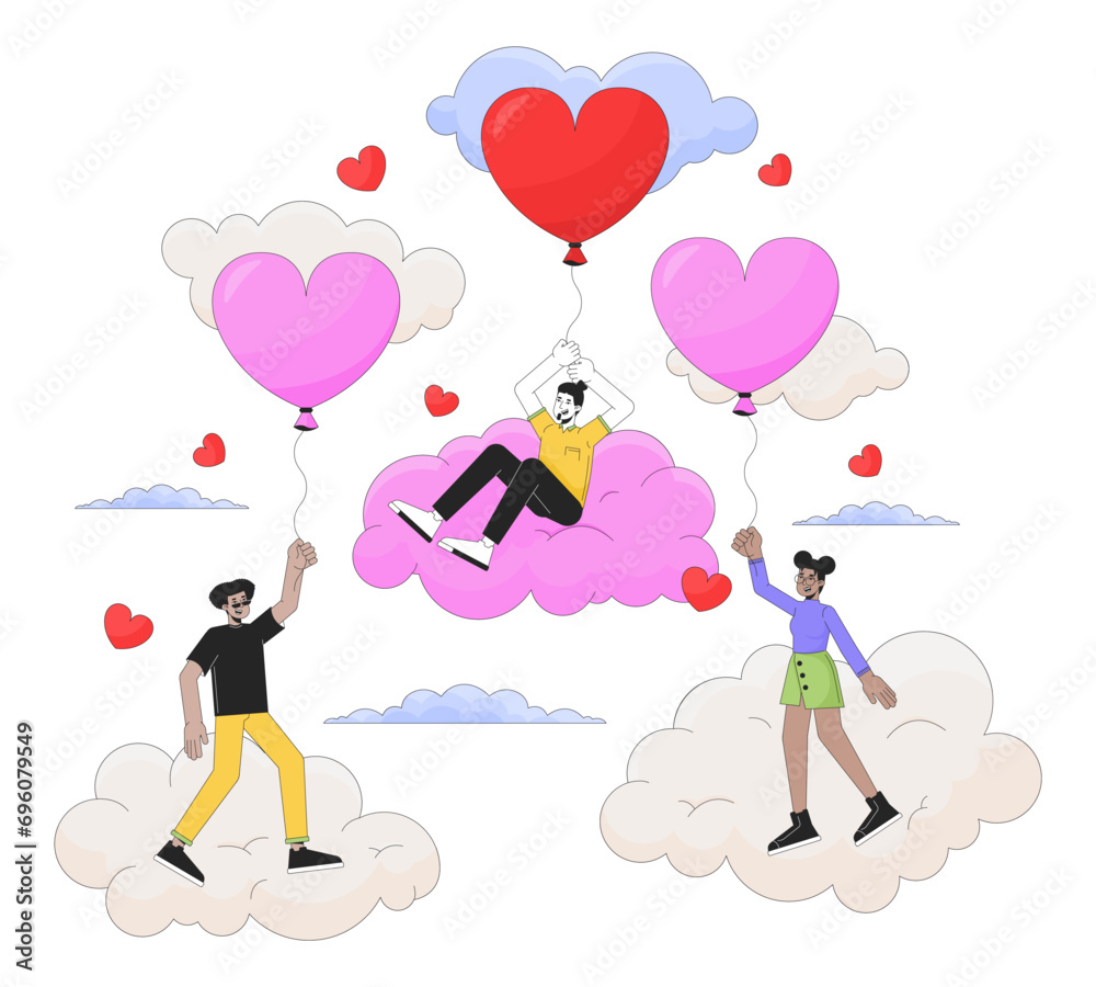 14 february valentines day 2D linear illustration concept. Diverse people cartoon characters isolated on white. Heart shaped balloons, floating on clouds metaphor abstract flat vector outline graphic