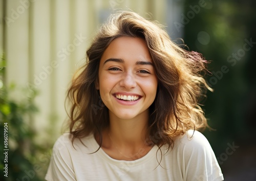Radiant Young Woman Smiling in Natural Outdoor Setting. Generative AI.