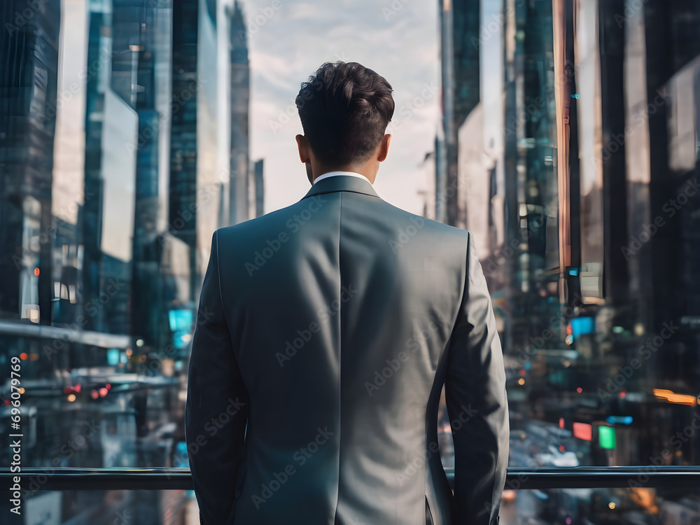 Futuristic businessman back view at modern city Futuristic businessman back view at modern city
