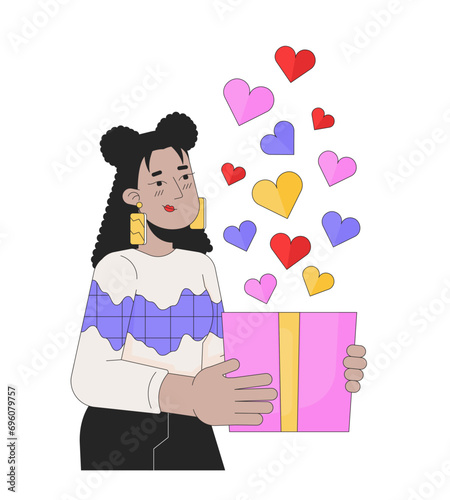 Beautiful woman in love giving valentine gift 2D linear illustration concept. Shy latina female cartoon character isolated on white. Sweetheart affection metaphor abstract flat vector outline graphic
