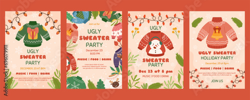 Christmas poster template with copy space, Invitation for Ugly sweater Xmas party. Vertical flyer decorated with plants branches, funny sweaters, light garlands.