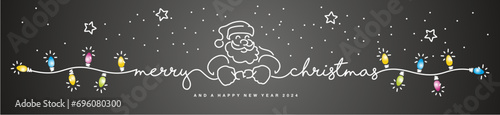 Merry Christmas and Happy new year 2024 eve line design handwritten lettering tipography line design pattern with Santa Claus turns on the Christmas lights on a black background