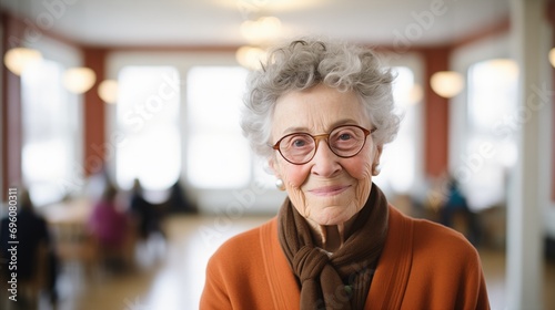 An elderly woman wearing glasses and an orange sweater.