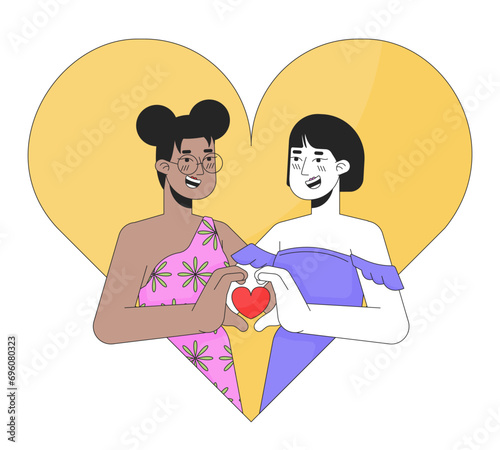Lesbian women meeting soulmate 14 february 2D linear illustration concept. Valentine day gay female cartoon characters isolated on white. Together love metaphor abstract flat vector outline graphic