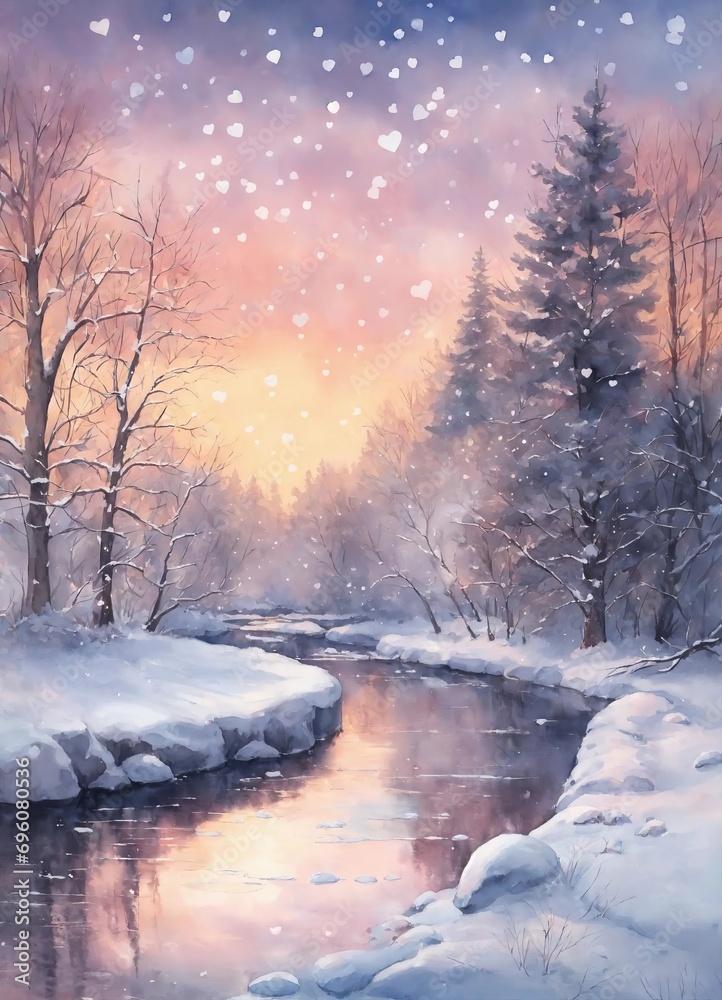 Naklejka premium Winter evening landscape of a picturesque stream in a snowy forest