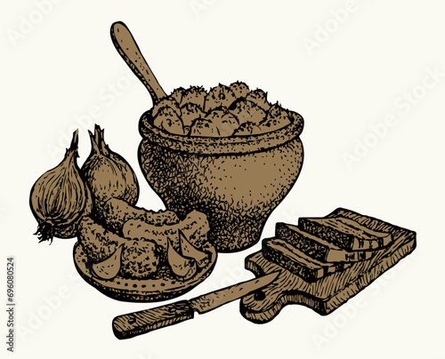 Vector still life. Traditional Slavic food: potatoes in a clay pot