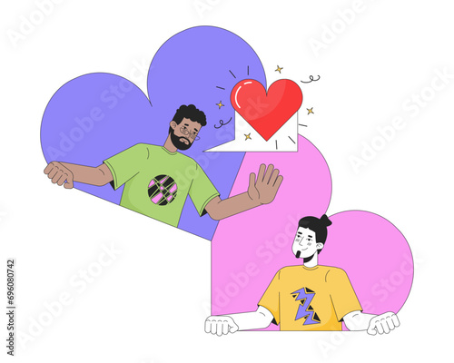 Boyfriends gay dating app 2D linear illustration concept. Interracial lovers homosexual cartoon characters isolated on white. Long distance relationship metaphor abstract flat vector outline graphic
