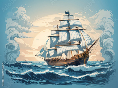  Voyage Across the Waves: The Graceful Sailing of a Caravel Ship on the Open Sea