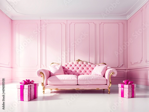  Pristine Elegance  White Room Interior with Pink Accents and a Stylish Sofa