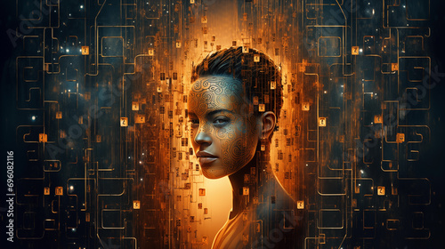 A partly humanoid and partly robotic head surrounded by data streams and abstract objects photo