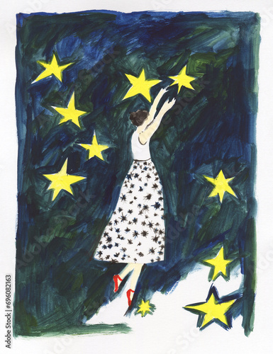 girl and stars. watercolor painting. illustration