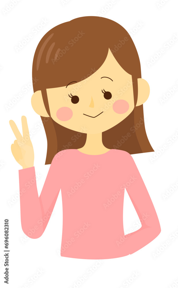 微笑んでピースしている女性の上半身のイラスト(ベクター) 微笑んでピースしている女性の上半身のイラスト(ベクター)