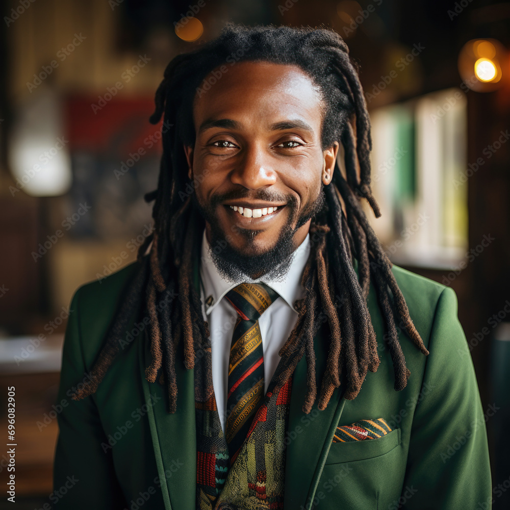 African American Jamaican black dred rasta locks man well dressed in jacket suite blazer long hair smiles in green business man strong artist African American Jamaican black dred rasta locks man well dressed in jacket suite blazer long hair smiles in green business man strong artist