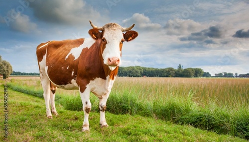 young red and white bull mounts cow in grassy dutch meadow in holland