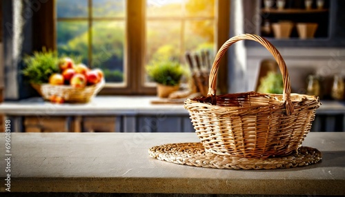 straw basket at kitchen table empty space photo