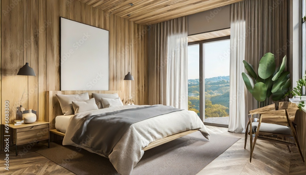 wooden bedroom and canvas over bed with linens beige walls and window