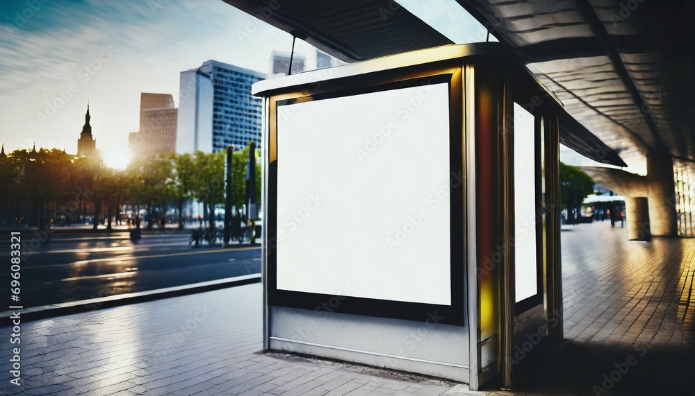 bus station billboard with blank copy space screen for your advertising text message or promotional content empty mock up lightbox for information stop shelter clear poster in urban city scene - obrazy, fototapety, plakaty 