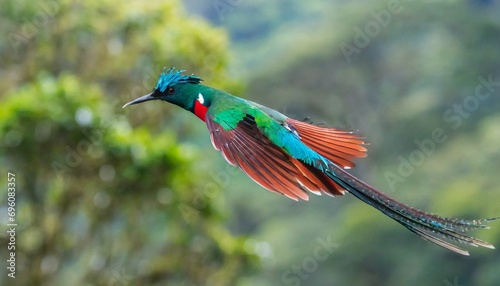 flying resplendent quetzal pharomachrus mocinno savegre in costa rica with green forest background magnificent sacred green and red bird action fly moment with resplendent quetzal birdwatching photo