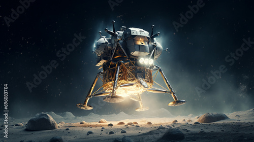 A historic Apollo Lunar Module landing on the Moon in a starry sky is a powerful and evocative image that evokes feelings of wonder, awe, and possibility. ai generated.