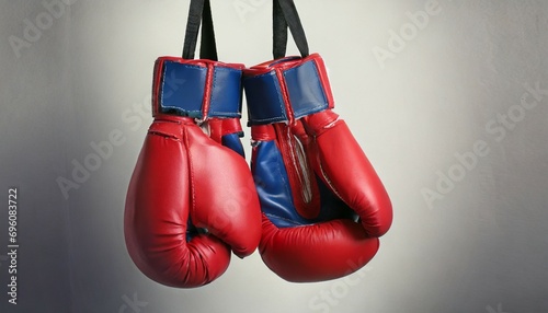 pair of boxing gloves hanging on white background © Patti
