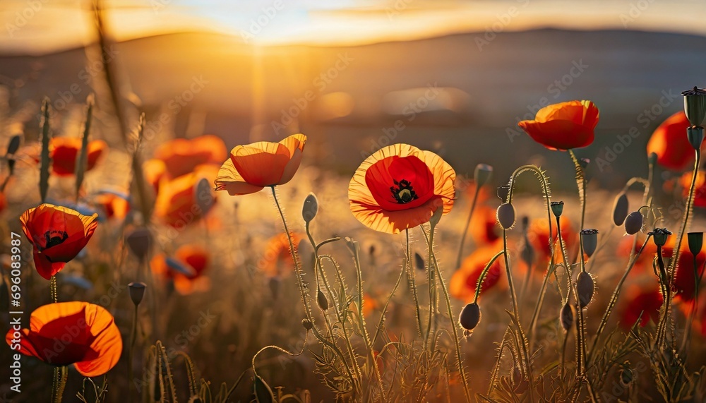 beautiful nature background with red poppy flower poppy in the sunset in the field remembrance day veterans day lest we forget concept - obrazy, fototapety, plakaty 