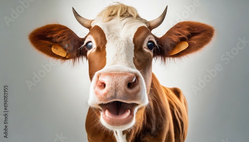 surprised cow with goofy face mooing and looking at camera on white background close up portrait of funny animal photo