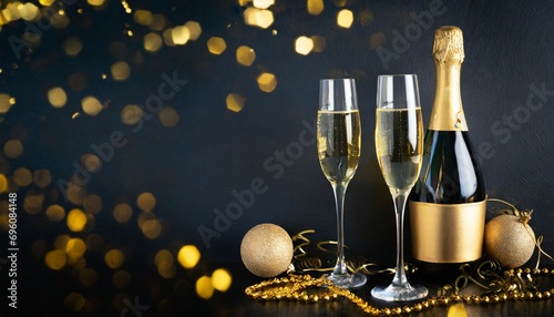 luxury celebration birthday new year s eve sylvester or other holidays background banner greeting card toast with sparkling wine or champagne glasses and bottle on dark black night background photo